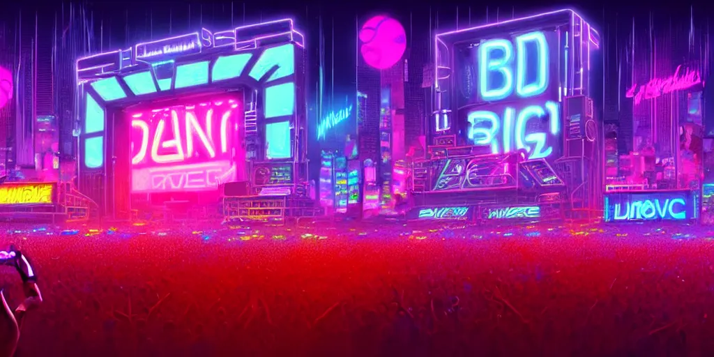 Prompt: dj plays big music at the biggest festivals in the world to a huge crowd, with lots of blaring neon lights in the spirit of synthwave, highly detailed, digital painting, artstation, concept art, matte, sharp focus, illustration, art by artgerm and greg rutkowski and mike mignogna