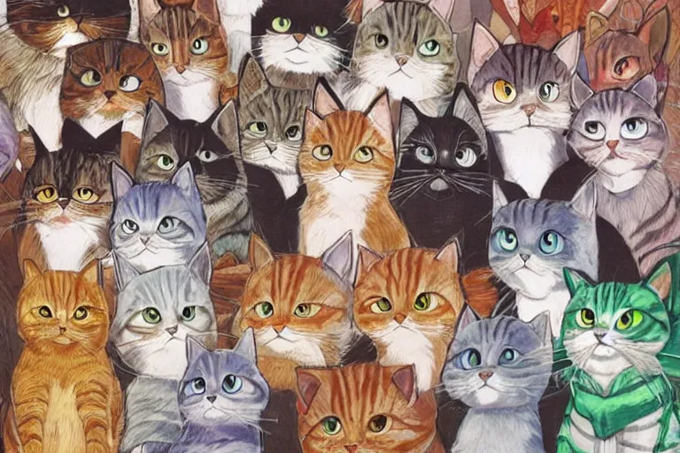 Image similar to beautiful art illustration of a group of cats by studio ghibli, anime, highly detailed