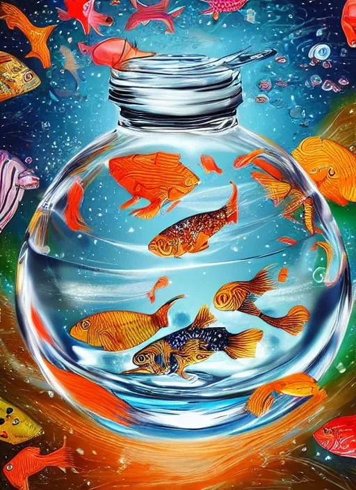 Prompt: the universe in a bottle of water filled with fishes, trending on art station, very detailed, detailed background