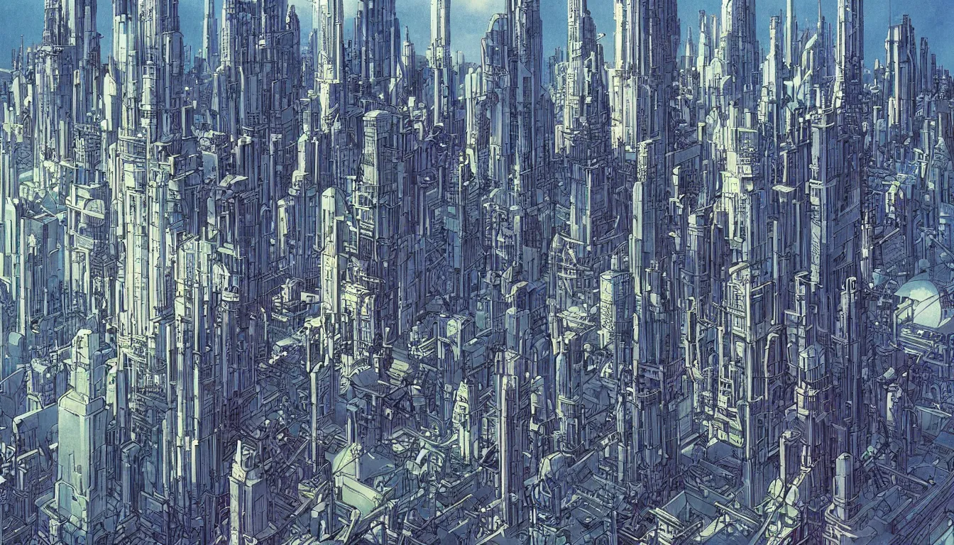 Image similar to futuristic city by moebius