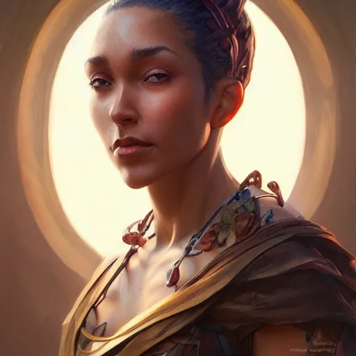 Image similar to beautiful, very strong, mixed race, female, aged 4 0, face, no makeup, head shot, fantasy, highly detailed, digital painting, artstation, concept art, sharp focus, illustration, art by artgerm and greg rutkowski and alphonse mucha