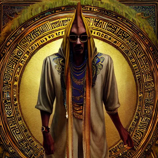 Image similar to Snoop Dogg as the egyptian god Anubis, D&D, fantasy, intricate, cinematic lighting, highly detailed, digital painting, artstation, concept art, smooth, sharp focus, illustration, art by Akihiko Yoshida, Greg Rutkowski and Alphonse Mucha