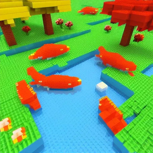 Image similar to cute voxel art of a koi pond