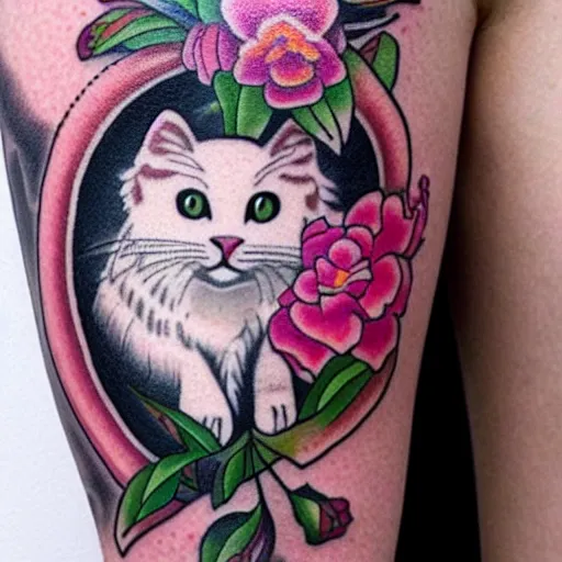 Prompt: new traditional style tattoo of a white cat surrounded by pink peonies