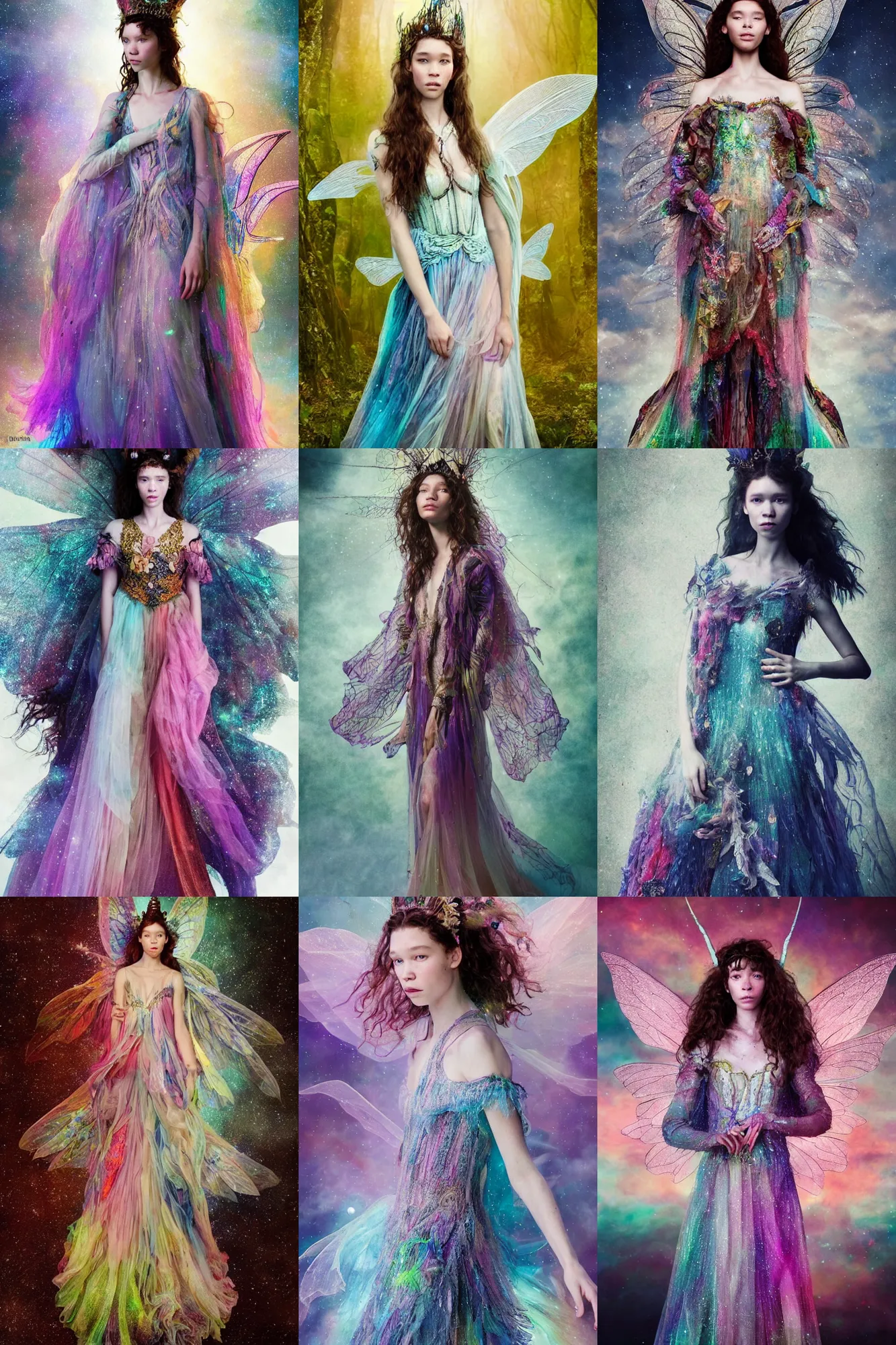 Prompt: masterwork full body portrait of astrid berges frisbey as a fairy queen. wearing a dress made out of space. fluid, dreamy, ethereal, vivid colours. sharp focus. highly detailed face. wow! digital photography. lightroom. cinematic lighting.