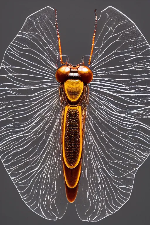Prompt: transparent rare insect with reaction diffusion patterns. with wings, top down view. close up photo. high detail
