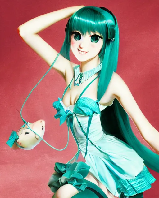 Image similar to hatsune Miku with cute face by Gil Elvgren and Enoch Bolle