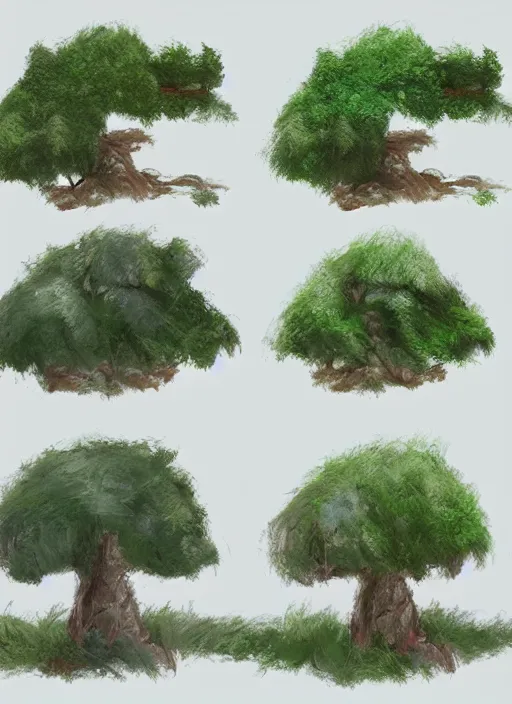 Prompt: a set of different trees and bushes, concept art by senior environment artist, polycount, environmental art, concept art, 2 d game art