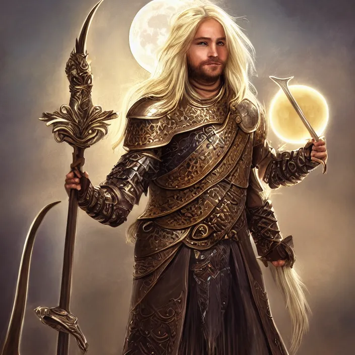 Prompt: Beautiful male cleric with long flowing blonde hair wearing burnished bronze armour emblazoned with a swan on the breastplate. Wielding a magical scimitar embossed with the phases of the moon. Magic, bright divine lighting, flux. High fantasy, digital painting, HD, 4k, detailed.