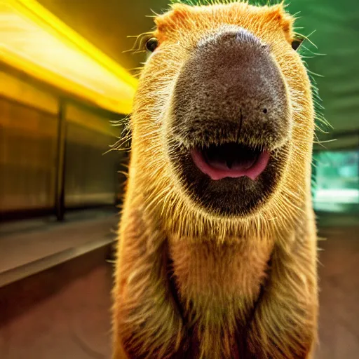 Image similar to capybara chews on a nvidia gpu, eats an rtx 1 0 8 0 graphic card, wildlife photography, kodak gold 2 0 0, depth of field, f / 2 2, neon lamp, volumetric lighting, award - winning photo