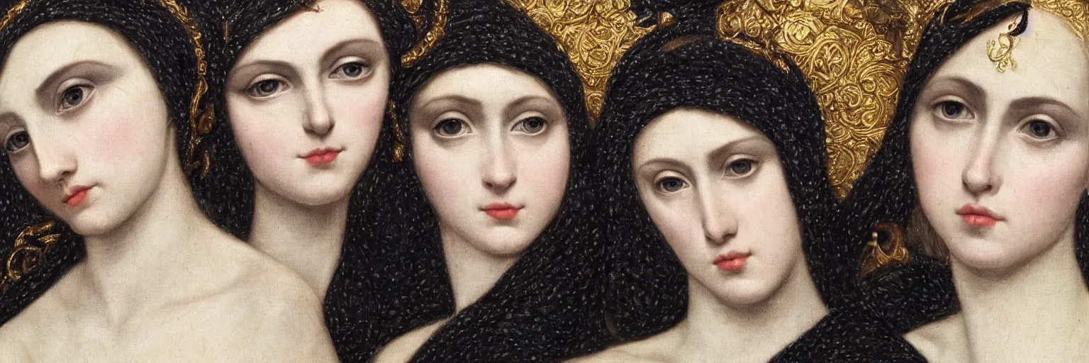 Prompt: hyperrealism close - up mythological portrait of two beautiful medieval women partially made of black flowers in style of classicism, pale skin, ivory make up on the eyes, wearing black silk robes, dark and dull palette