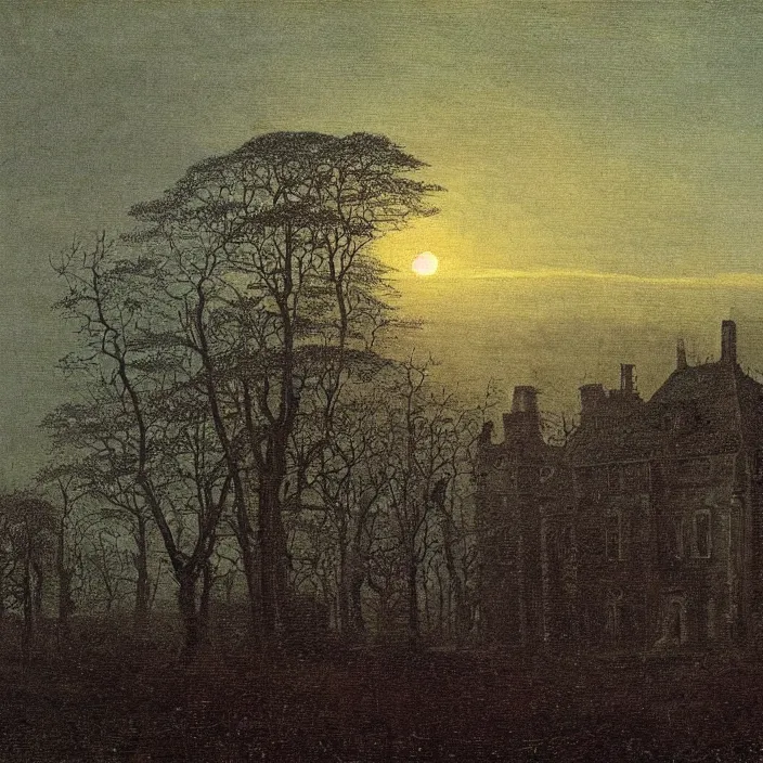 Image similar to painting of a mansion on the moorland by caspar david friedrich, at night, eerie, supernatural