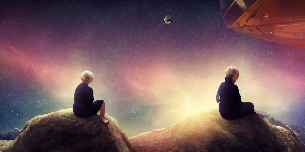 Prompt: cinematic movie, background in starry sky, background blur bokeh, old lady sitting on the top of the rader peak of the three body problem watching lots of spaceship coming, 4 k, muted colours, realistic, high details, nighttime, panorama