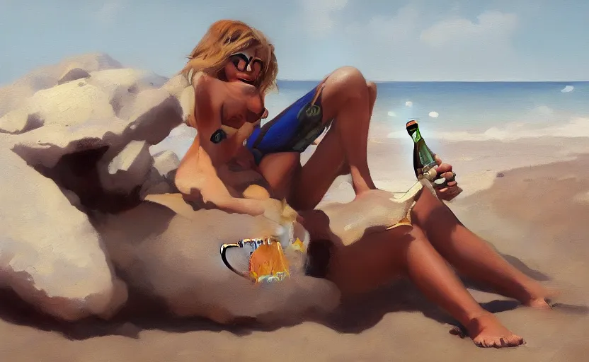 Prompt: An astronaut chilling at the beach and drinking a beer, oil on canvas by Frank Frazetta, artstation, digital art, WLOP, Mandy Jurgens