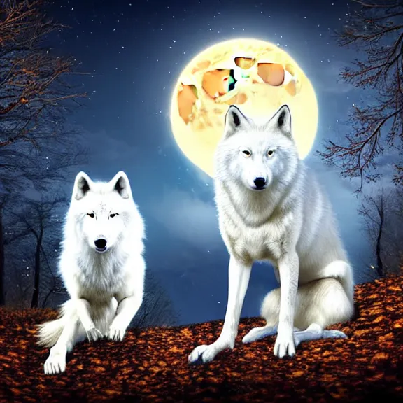 Image similar to white wolf with blue eyes stands in a dark night dormant autumn forest with magic moon in sky, no yellow color in eyes, no yellow color, realistic