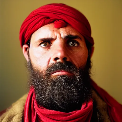 Image similar to portrait of matt christman as afghan man, green eyes and red scarf looking intently, photograph by steve mccurry