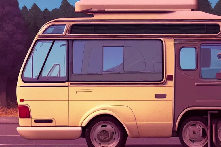 Prompt: a wholesome animation key shot of one!! focused 1 9 9 4 fiat hymer! motorhome! in the romanian! countryside, medium shot, studio ghibli, ( pixar ) and disney animation, sharp, very detailed, high resolution, rendered in unreal engine 5, anime key art by greg rutkowski, bloom, dramatic lighting