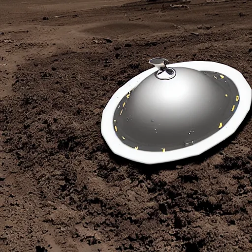 Image similar to a saucer shaped ufo stuck vertically in the dirt after crashing,