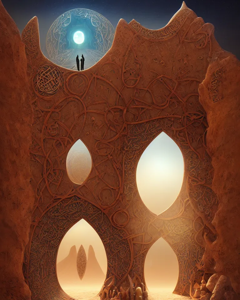 Image similar to a surreal islamic style ornamental gate in the desert opens into an other dimension with different alien landscape. by vincent di fate and james jean. ornament, intarsia, portal, doorway, dynamic lighting, ambient lighting, atmospherical, photorealistic fantasy concept art, trending on art station, stunning visuals, creative, cinematic, ultra detailed