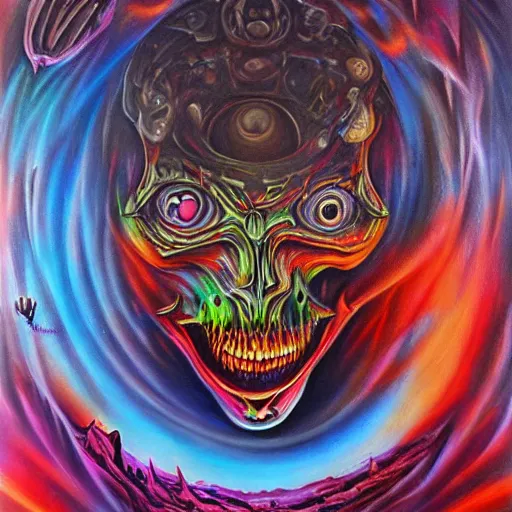 Prompt: the second layer of hell, airbrush art, shamanic dmt horror art, by basuki abdullah