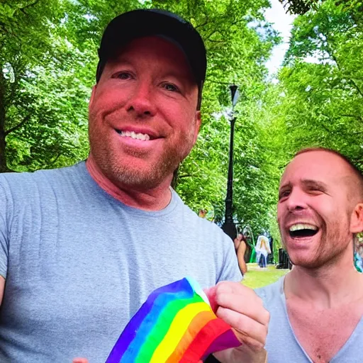 Prompt: alex jones and a gay frog holding hands in the park, sunny day with fluffy clouds,