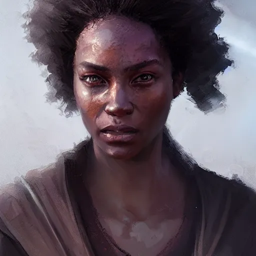 Image similar to portrait of a woman by greg rutkowski, youn jedi knight, black, afro hair, prettt, star wars expanded universe, she is about 2 0 years old, wearing jedi robes, highly detailed portrait, digital painting, artstation, concept art, smooth, sharp foccus ilustration, artstation hq