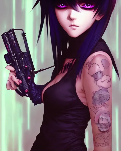 Image similar to portrait Anime goth cyberpunk girl, cute-fine-face, black-hair pretty face, realistic shaded Perfect face, fine details. Anime. realistic shaded lighting by Ilya Kuvshinov katsuhiro otomo ghost-in-the-shell, magali villeneuve, artgerm, rutkowski, WLOP Jeremy Lipkin and Giuseppe Dangelico Pino and Michael Garmash and Rob Rey