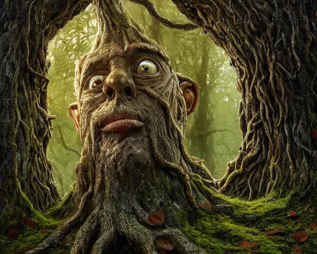 Image similar to a talking oak tree, a face in the bark, nose made of wood, eyes in the bark, fantasy concept art, leaves and moss, digital painting, oil painting, hyperrealistic, beautiful, treebeard, ent, highly detailed, soft lighting, golden sunlight, very detailed eyes, artstation, cgsociety, in the forest, by alan lee, by artgerm