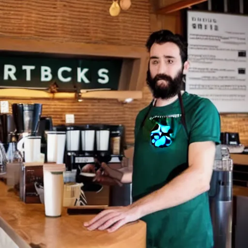 Image similar to jesus working at starbucks behind the counter