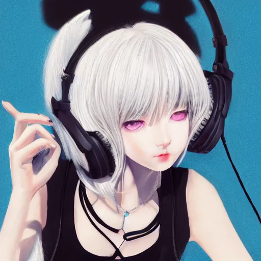 Image similar to realistic teasing detailed semirealism beautiful gorgeous cute Blackpink Lalisa Manoban white hair white cat ears blue eyes, wearing black camisole outfit, headphones, black leather choker full HD 4K high resolution quality WLOP, Aztodio, Taejune Kim, Guweiz, Pixiv, Instagram, Artstation