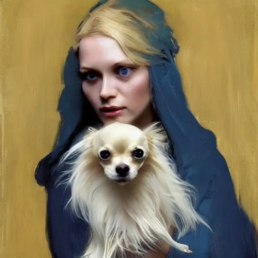 Image similar to beautiful blonde woman, blue eyes, intricate, elegant, highly detailed, holding old long haired chihuahua, greg manchess, mucha, liepke, ruan jia, jeffrey catherine jones, ridley scott