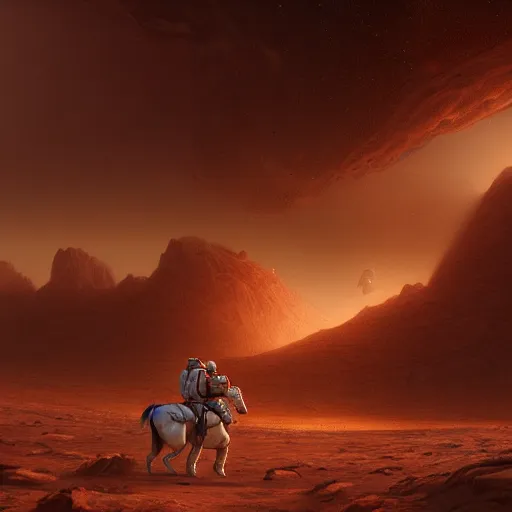 Image similar to portrait of the astronaut riding a horse in Mars, realistic character concept, high fantasy, light atmosphere, golden ratio, cinematic lighting, hyperdetailed, high resolution, insanely detailed and intricate, artstation, Marc Simonetti, Greg Rutkowski, octane render, unreal engine, 8k