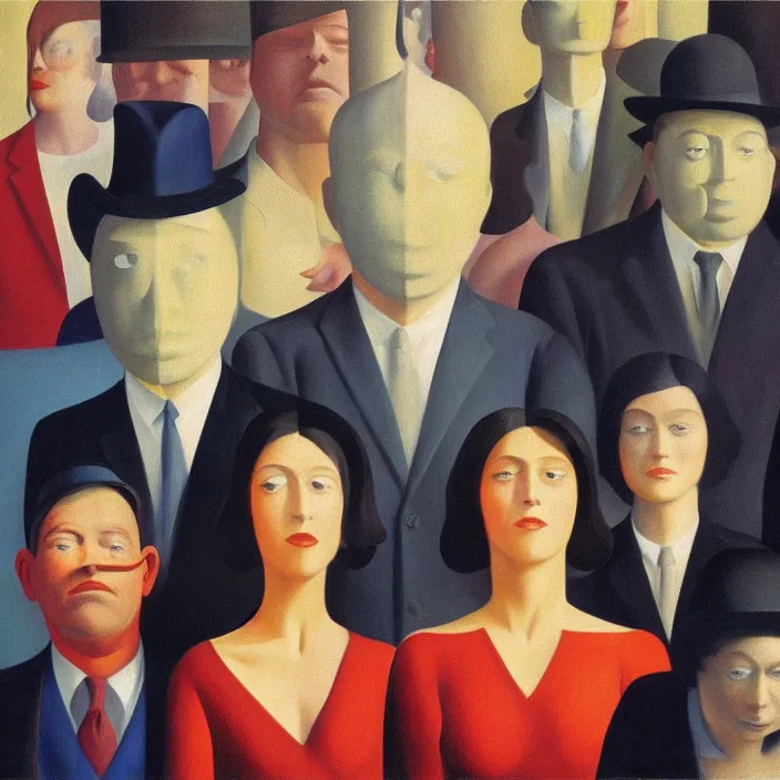 Image similar to group of people pictured in afternoon light, close - up of the faces, surrealist oil painting by edward hopper, dora maar and rene magritte