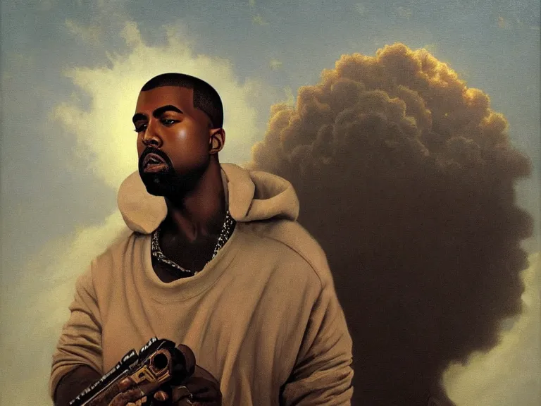 Image similar to a detailed profile oil painting of kanye west holding a gun, aurora lighting clouds and stars by beksinski carl spitzweg and tuomas korpi. intricate artwork by caravaggio. Trending on artstation. 8k