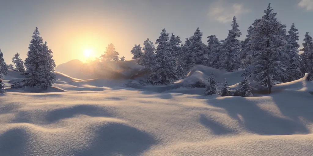 Prompt: a beautiful landscape, sun rises between two snowy mountains, 3 d artwork by phillipp urlich, unreal engine 5, extremely detailed, hyper realism