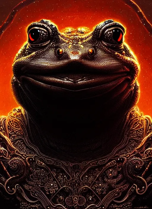Image similar to portrait of an ancient black frog, a toad god, intricate, elegant, glowing lights, highly detailed, digital painting, artstation, concept art, smooth, sharp focus, art by wlop, mars ravelo and greg rutkowski