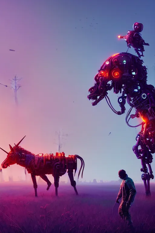 Prompt: Human cyborg standing with one foot on a dead cyborg unicorn, ultra hd, Painting By Simon Stalenhag, unreal 5, DAZ, hyperrealistic, octane render, dynamic lighting, intricate detail, summer vibrancy, cinematic