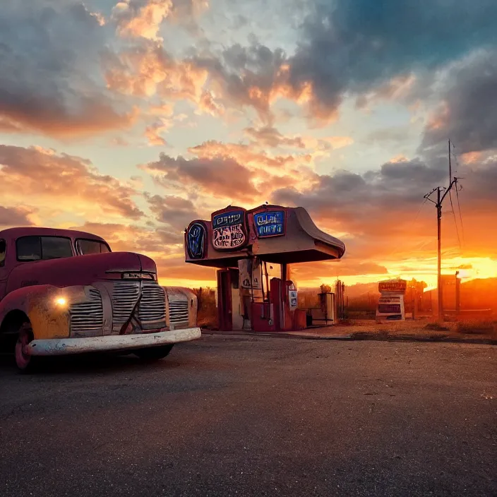 Image similar to a sunset light landscape with historical route 6 6, lots of sparkling details and sun ray ’ s, blinding backlight, smoke, volumetric lighting, colorful, octane, 3 5 mm, abandoned gas station, old rusty pickup - truck, beautiful epic colored reflections, very colorful heavenly, softlight