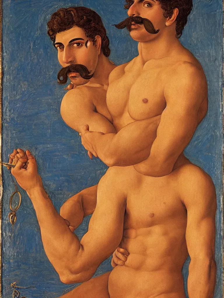 Image similar to portrait of a 20 years old muscular persian iranian wrestler handsome man flexing and posing with a mustache by victor Nizovtsev and Botticelli