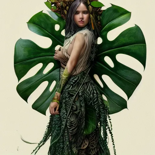 Image similar to a woman monstera druid with monstera leaf themed clothing, fully clothed, D&D, fantasy, intricate, cinematic lighting, highly detailed, digital painting, artstation, concept art, smooth, sharp focus, illustration, art by Artgerm and Greg Rutkowski and Alphonse Mucha