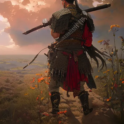 Image similar to Hyper realistic detailed portrait of Kurdish samurai, Stephen Bliss, unreal engine, fantasy art by Greg Rutkowski, Loish, Rhads, ferdinand knab, Makoto Shinkai and Lois van baarle, ilya kuvshinov, rossdraws, Tom Bagshaw, alphonse mucha, global illumination, radiant light, detailed and intricate environment, highly detailed, award winning art