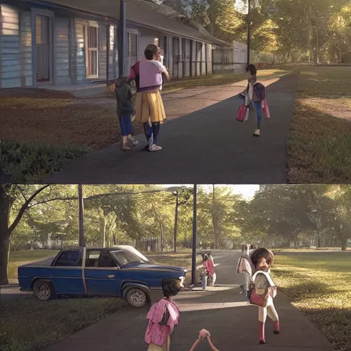 Prompt: photorealistic first day of school, sunny day, kids arriving to school, highly detailed, by Gregory Crewdson