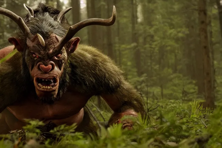 Image similar to vfx movie closeup detailed ancient warrior orc hunting elk in the forest, natural lighting by emmanuel lubezki