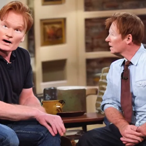 Prompt: conan obrien working as a therapist, wearing short jean shorts, chocolate milk on his lips