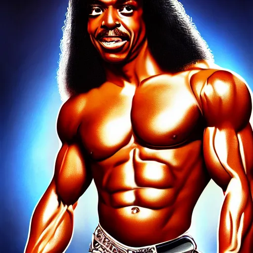 Image similar to Rick james with the physique of a body builder, hyper realistic, ultra detailed, cinematic, dynamic lighting, photorealistic, refined, intricate, digital art, digital painting, masterpiece, 8k