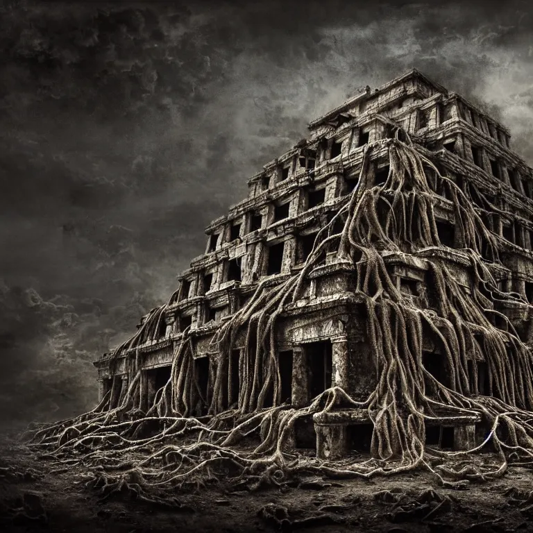 Prompt: still life of abandoned mayan temple, covered with tentacles, roots, wires, tubes, baroque painting, standing in a desolate empty wasteland, creepy, nightmare, dream-like heavy atmosphere, dark fog, surreal abandoned buildings, baroque painting, beautiful detailed intricate insanely detailed octane render trending on Artstation, 8K artistic photography, photorealistic, chiaroscuro, Raphael, Caravaggio, Beksinski, Giger