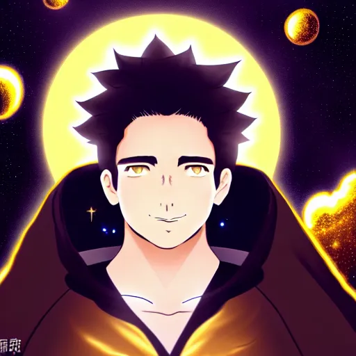 Image similar to a man with with brown hair, wearing a black robe with the tips made of gold, setting in space with a galaxy in the backround, anime, trending on artstation, high quality