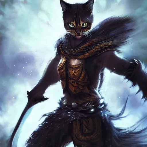 Image similar to a hyper realistic cat warrior, ultra detailed, magic the gathering art, digital art, cinematic, studio lighting, background battlefield, fantasy,