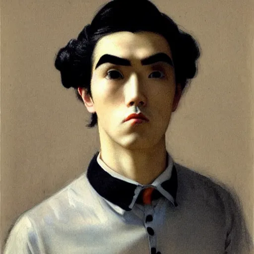 Image similar to full body painting of grumpy handsome thin beautiful man with thick eyebrows in his 2 0 s named min - jun in a french maid outfit, modern clothing, elegant, clear, painting, stylized, delicate facial features, stylized thin lines, soft but grumpy, highly detailed, art, art by egon alphonse yamamoto