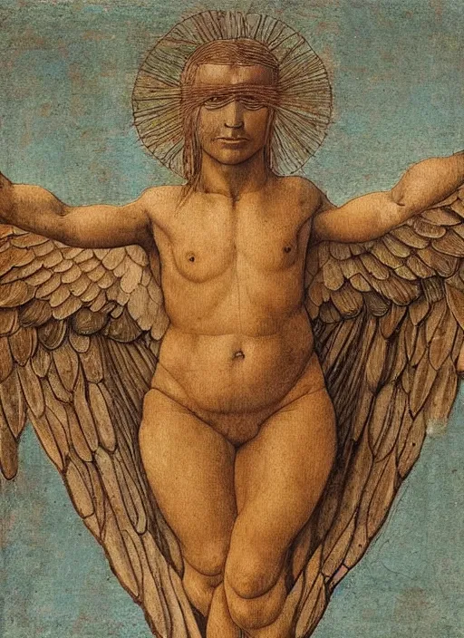 Prompt: Half human, half eagle, symetry, very detailed, painting in style of Leonardo Da Vinci